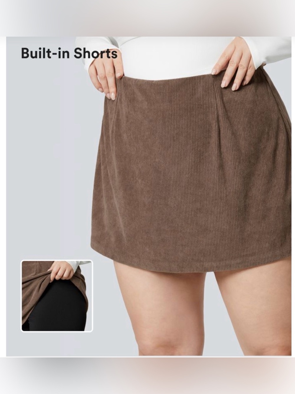 High Waisted 2-in-1 A Line Mini Corduroy Casual Plus Size Skirt